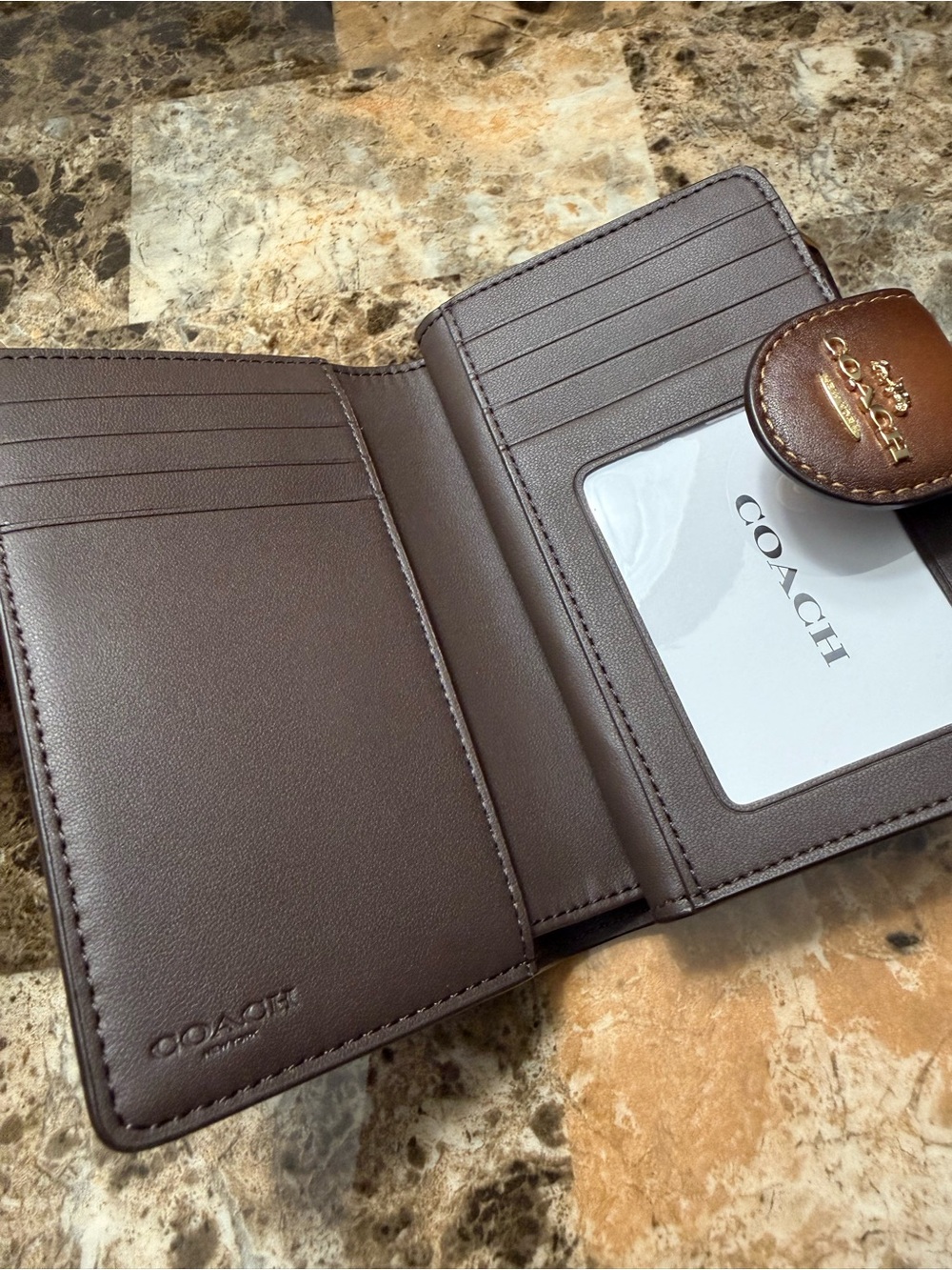 Coach Brown Leather Compact Wallet with Gold Logo Tab - Picture 4 of 8